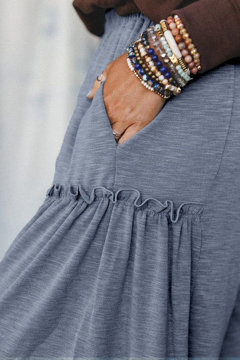 Bohemian Ruffle Detail Pocket Flowy Knit Palazzo Lounge Pants